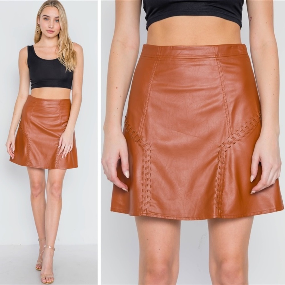 Vegan Faux PU Leather A-Line Mini Skirt | Camel